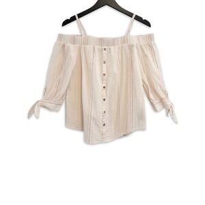 IZ Byer Cold Shoulder Top Women‎ Large Cream Striped Boho Blouse Festival Shirt
